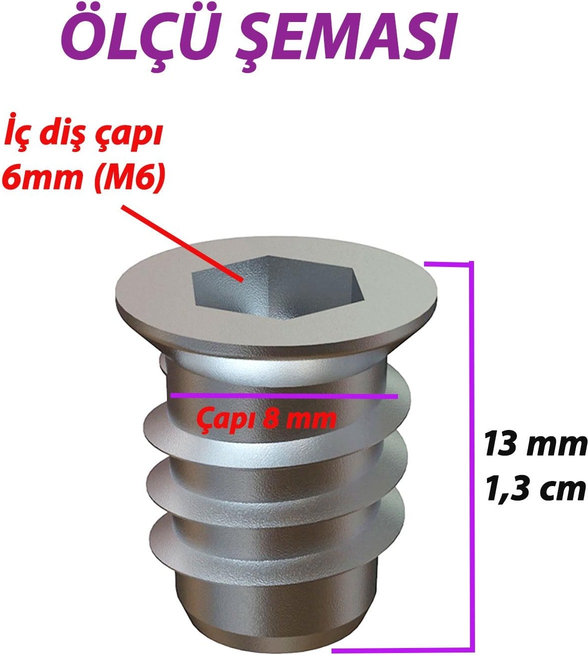 Metal Düz Dişli Dübel Ahşap Dübeli M6 8X13 Diş Çinko Mobilya Bağlantı Ünite Birleştirme (25 Adet)