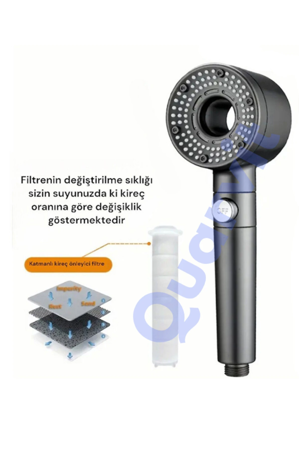 Çelik Örgülü Duş Seti, Kireç Önleyici ve Filtreli Başlık Takımı, Gri