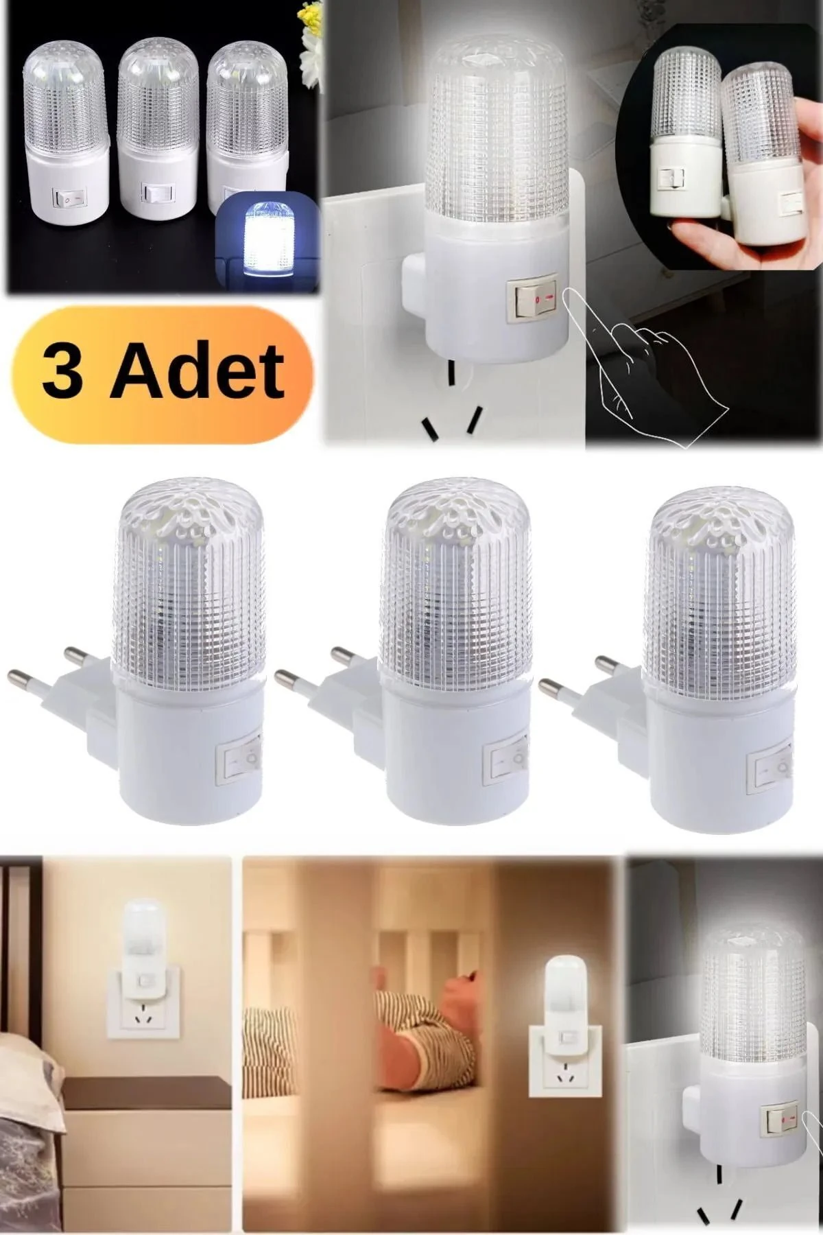 3 Adet Ledli Prize Takılan Anahtarlı Gece Lambası, Beyaz, Şık ve Fonksiyonel Tasarım