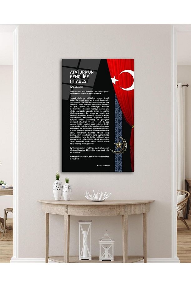 Atatürk'ün Gençliğe Hitabesi Cam Tablo Modern Ev Ofis Salon Hediyelik Büyük Tablo Duvar Dekoru