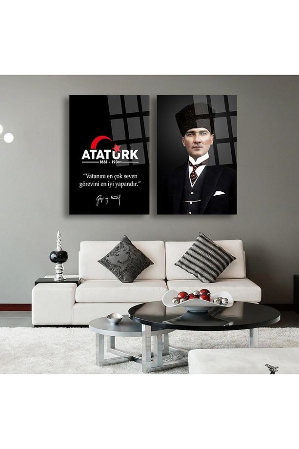 2 PARÇA ATATÜRK MAKAM ODASI CAM TABLO "Vatanını En Çok Seven Görevini En İyi Yapandır." Ofis Hediye