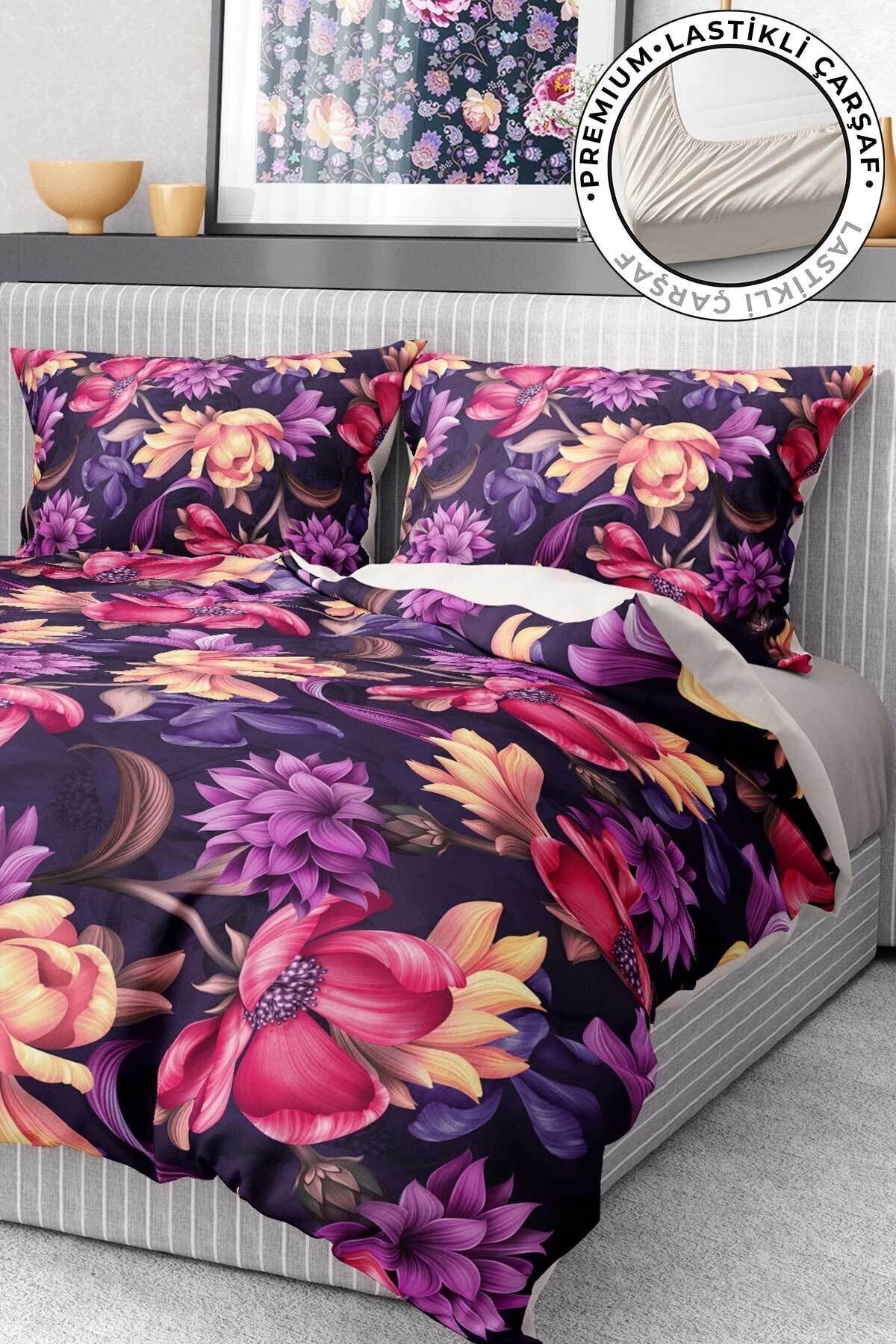 %100 Pamuk Saten Nevresim Takımı Lastikli Çarşaf Deluxe Çift Kişilik 3d Hürrem