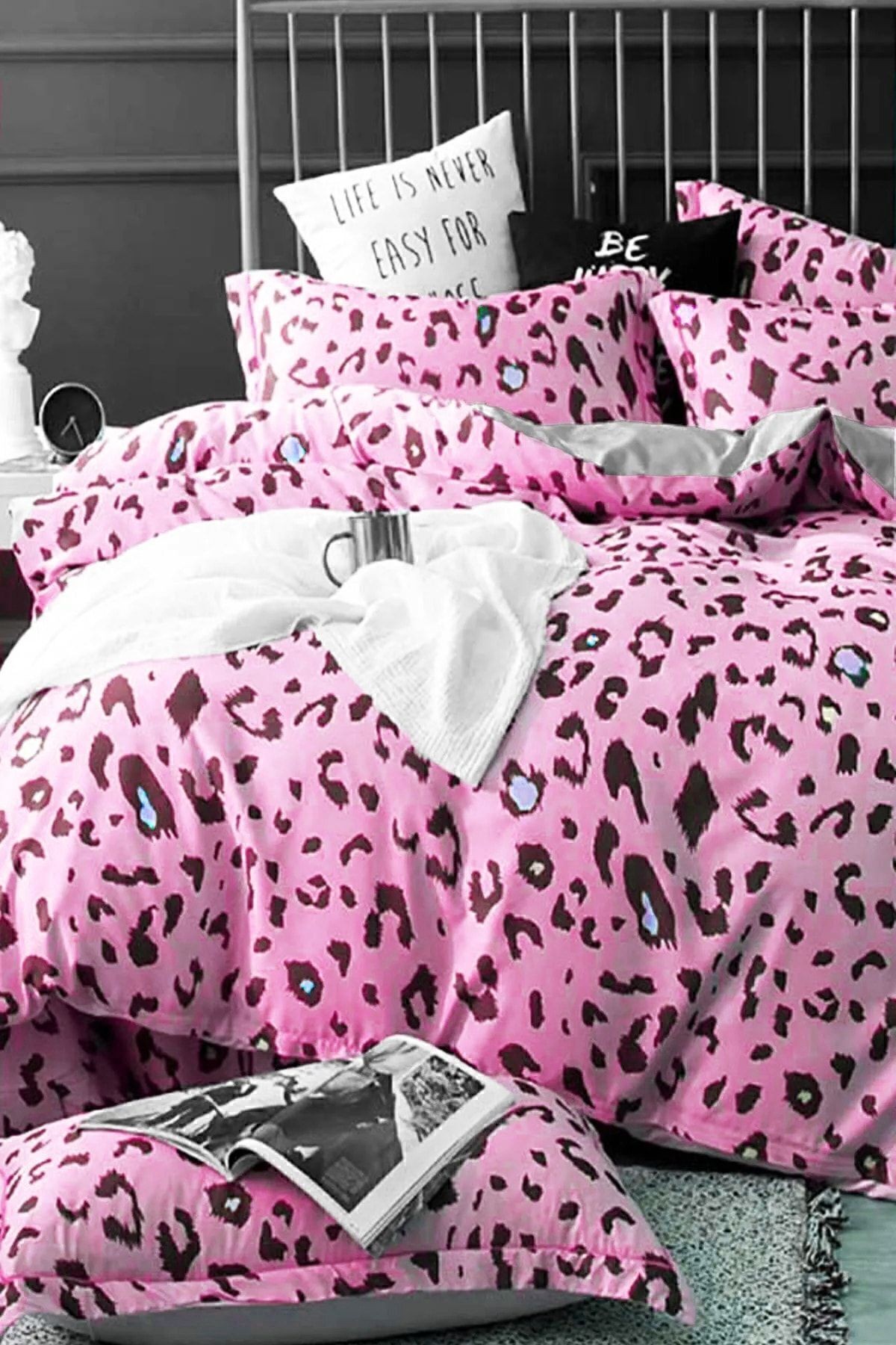 Lastikli Çarşaflı Nevresim Takımı Tek Kişilik Leopar Pembe