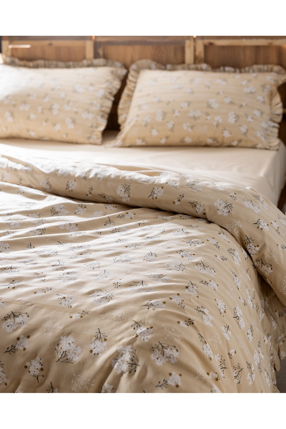 Jules King Size %100 Pamuk Fırfırlı Nevresim Takımı - Bej