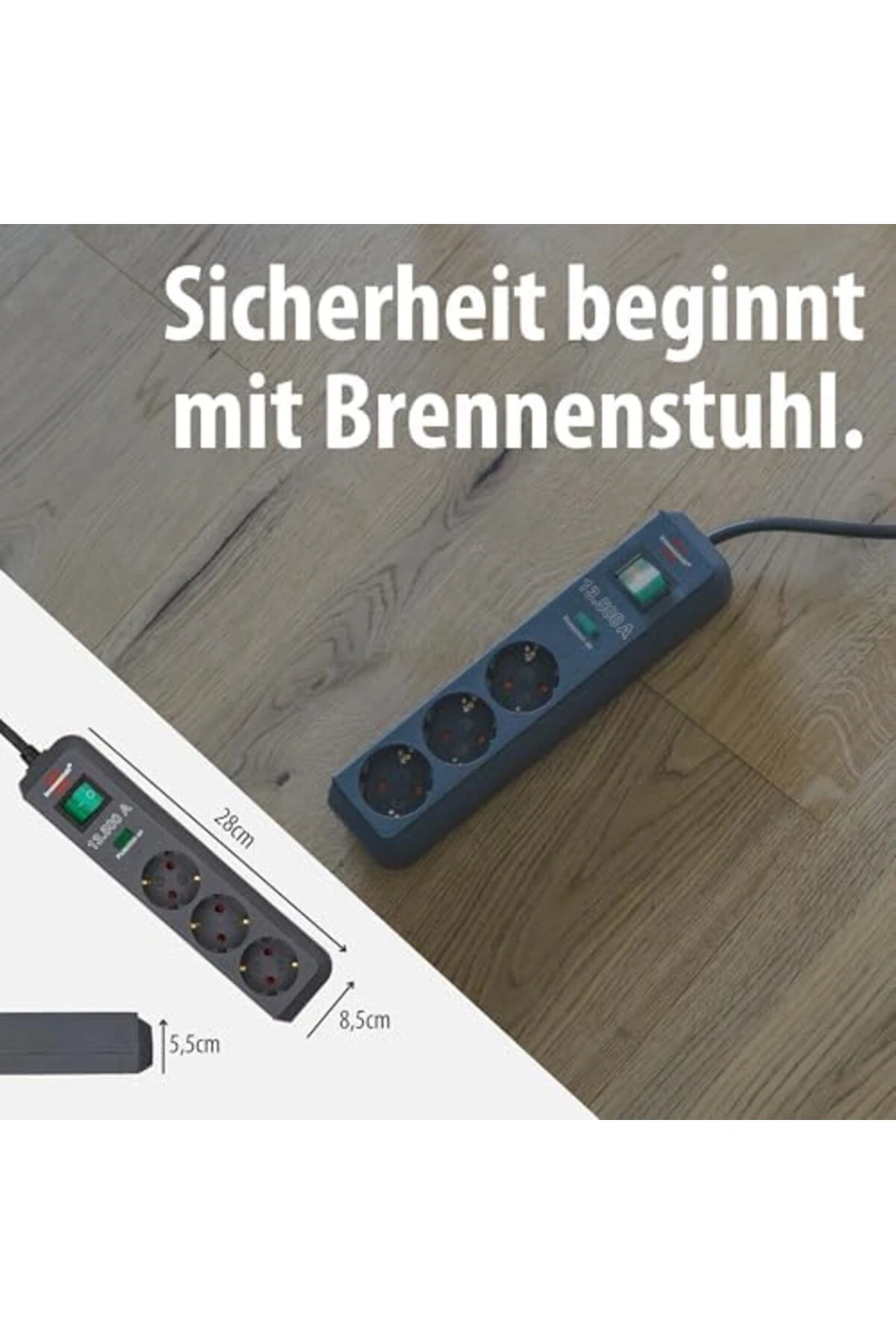 pltnstoreshop Eco-Line, 3'lü çoklu priz, yüksek gerilim korumalı (anahtarlı çoklu priz ve 1,5 m