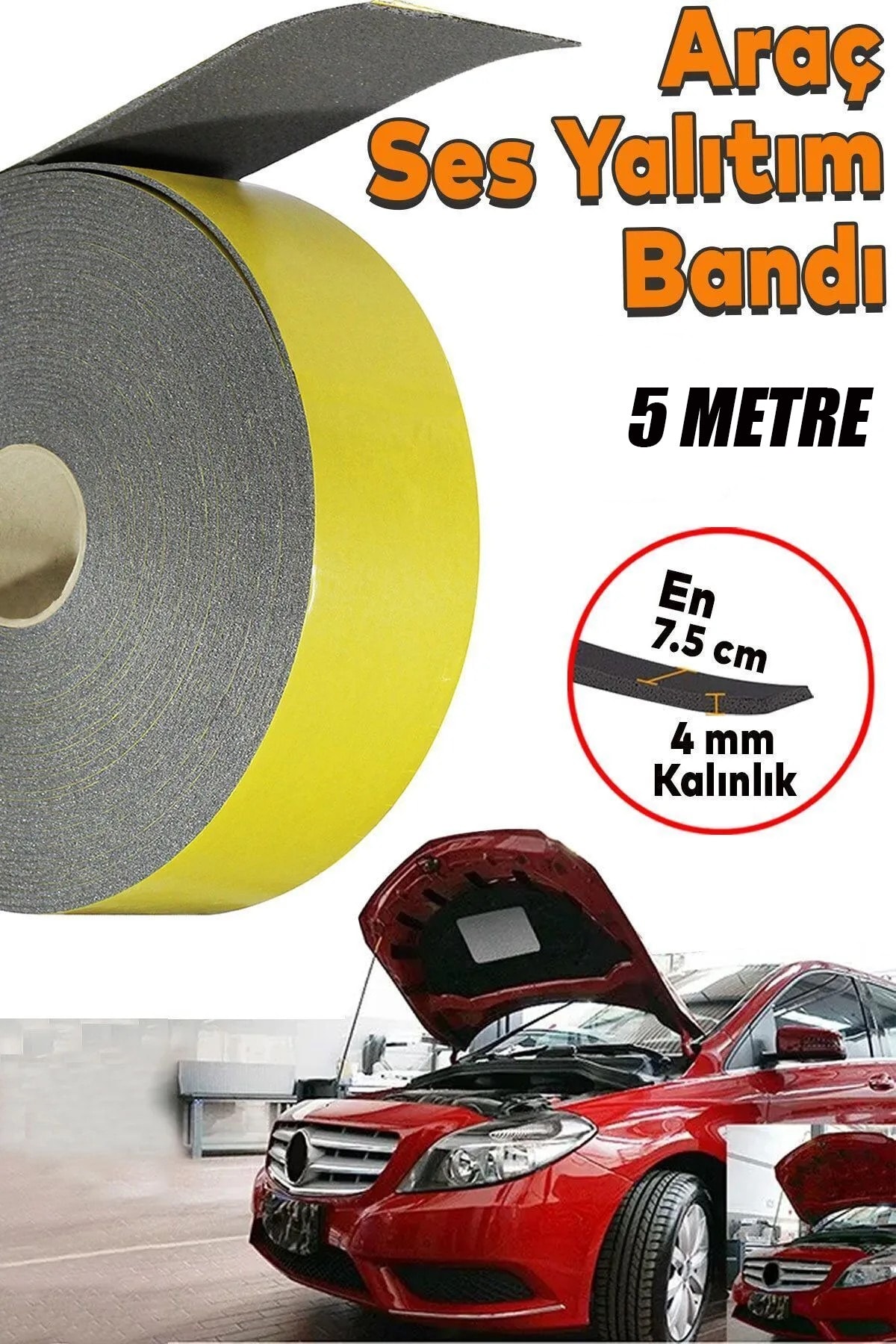 Araç Oto Ses Isı Yalıtım İzolasyon Bandı Bantı Kauçuk Sünger 75 mm 5 Metre.