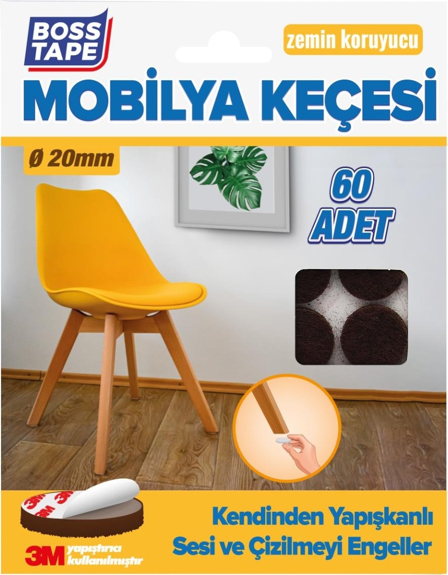 3M Yapışkanlı 60 Adet 20MM Kahve Mobilya Sandalye Masa Ayağı Keçesi