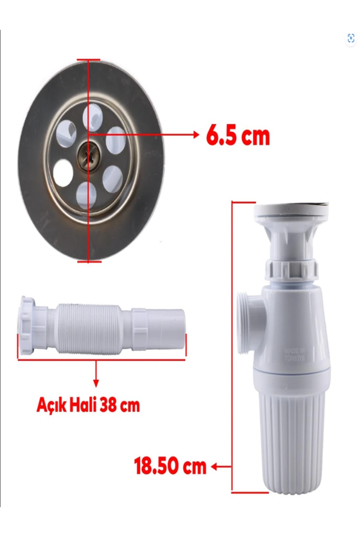 Lavabo Sifonu Körüklü Sökülebilir Tas'lı Mutfak Banyo Evye Pis Su Gideri Borusu Plastik 38 Cm.