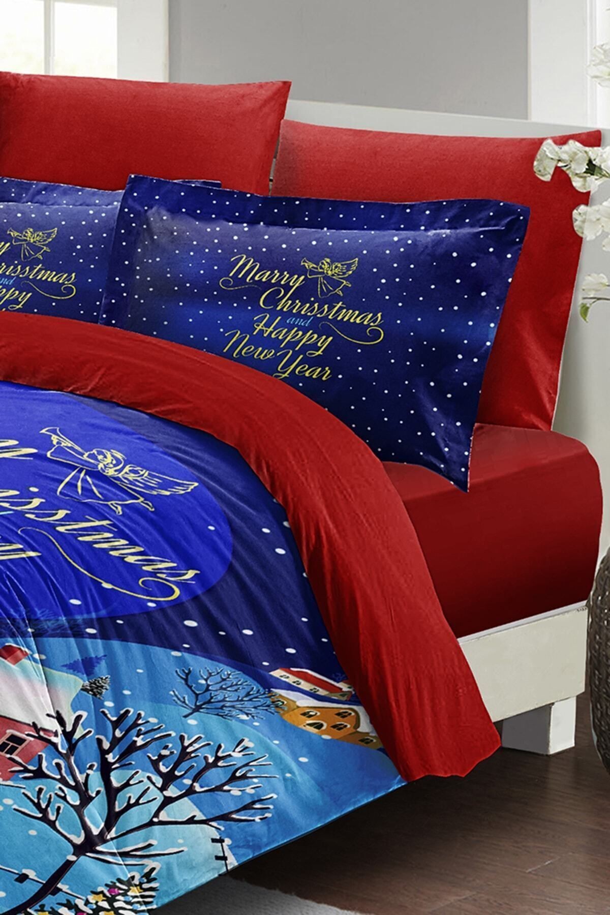 Yılbaşı Nevresim Takımı (Lastikli Çarşaflı) Çift Kişilik %100 Pamuk Saten Snow Noel