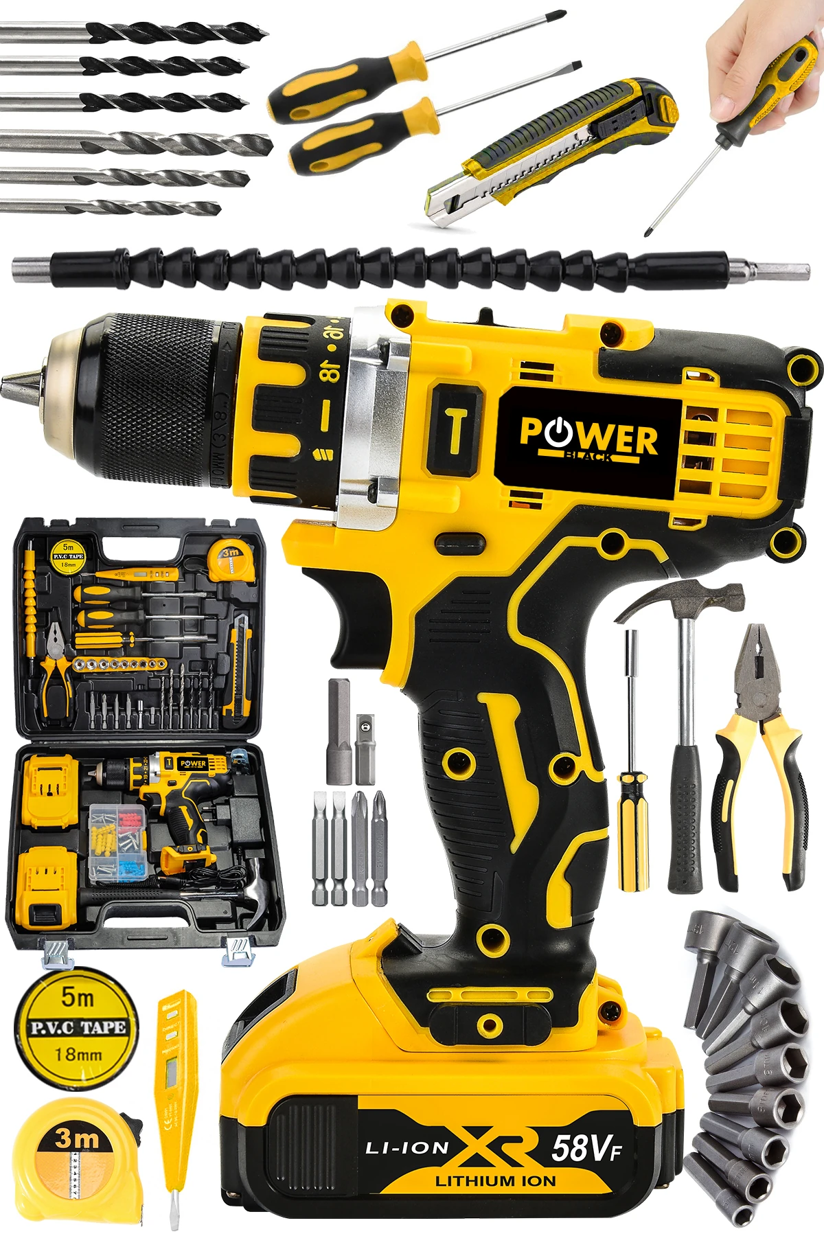 POWEBLACK PRO Germany Technology 58Vf 5Ah Çelik Mandren Çift Akülü Vidalama Şarjlı Matkap Seti