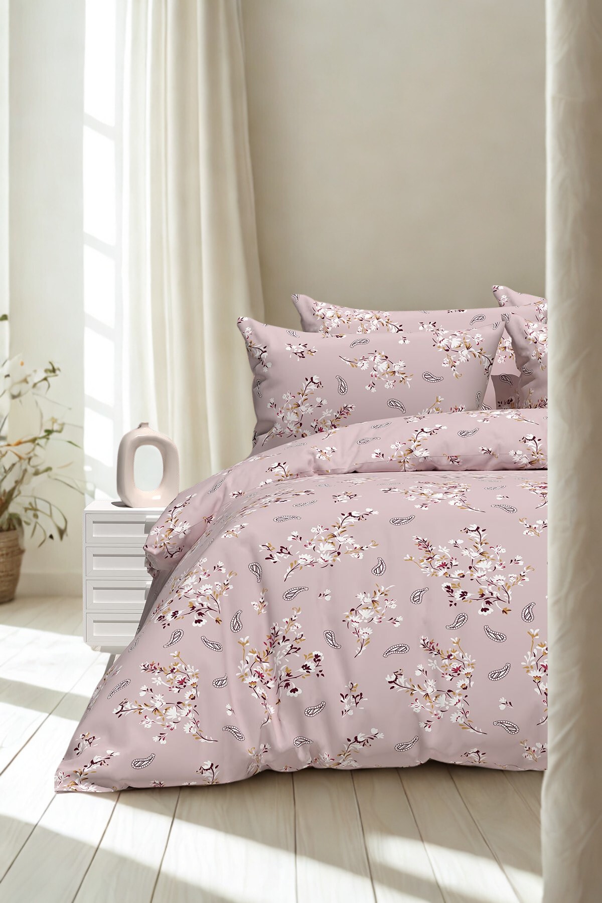 Ranforce Pembe Etnik Desenli Çift Kişilik Nevresim Seti – Battal Boy 200x220 cm | Pamuklu & Konforlu