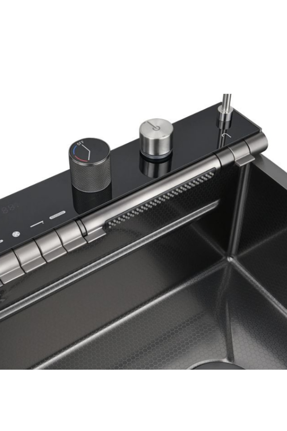 Mutfak Evyesi Dijital Göstergeli Led Panel- Teknolojik Akıllı Eviye Seti Bal Peteği Yüzey SİYAH