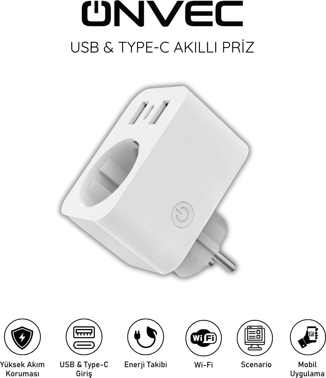 Usb Type-c Akıllı Tekli Priz, WiFi + BLE, Google Home ve Amazon Alexa Uyumlu, Uzaktan Kontrol, Anlık Enerji Tüketimi Takip, Zamanlayıcı Özellikli