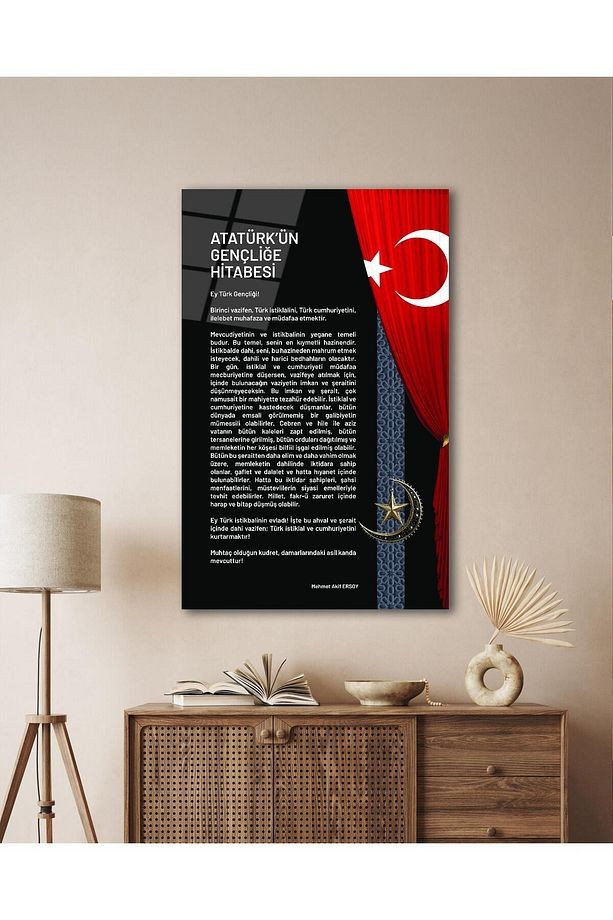 Atatürk'ün Gençliğe Hitabesi Cam Tablo Modern Ev Ofis Salon Hediyelik Büyük Tablo Duvar Dekoru