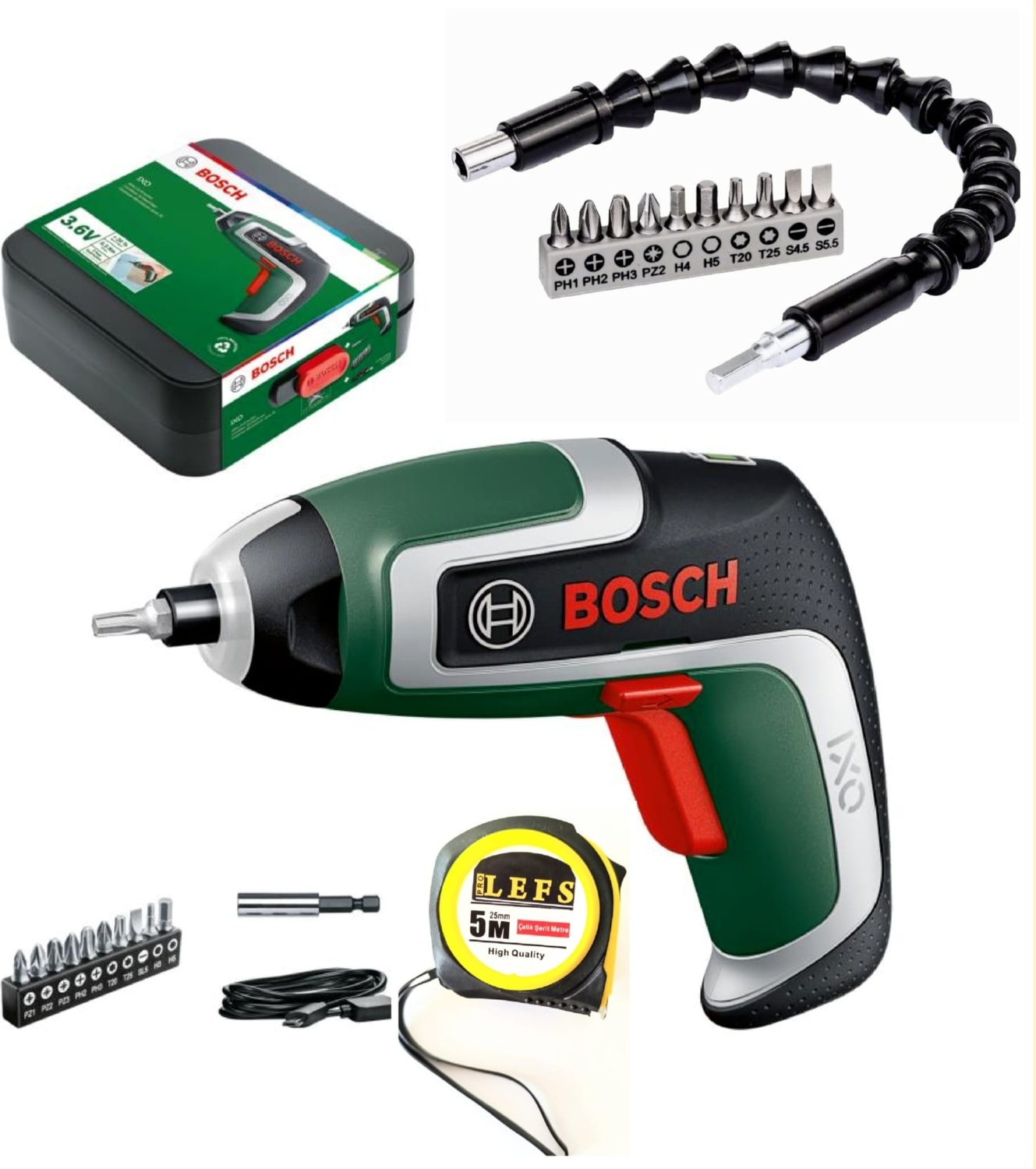BOSCH Ixo 7 Akülü Mini Vidalama,  Esnek Bükülebilir Vidalama Seti 10 Parça ve Metre