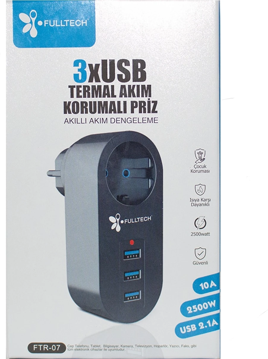 Akım Korumalı Tekli Priz - Akıllı Akım Dengeleme - 3xusb - Isıya Karşı Dayanıklı (4887)