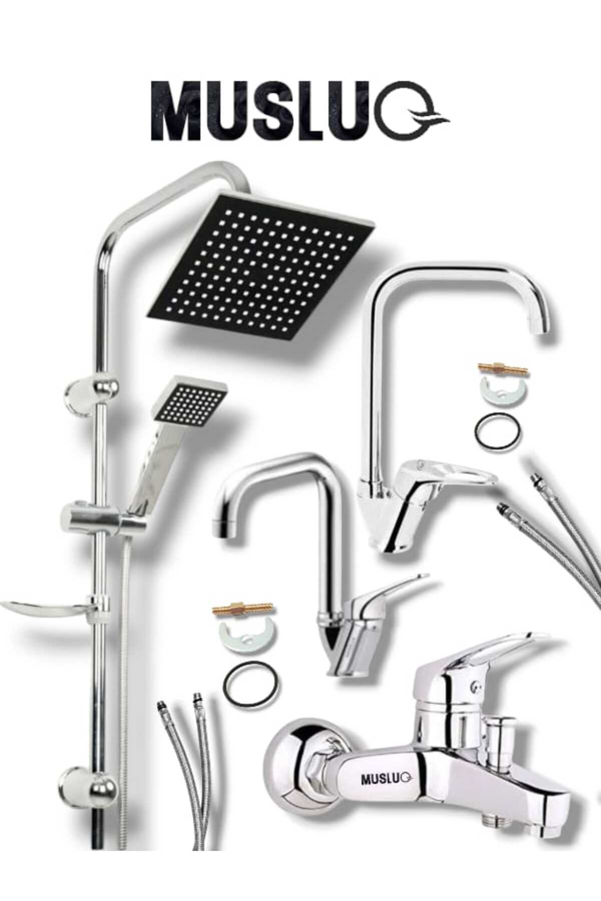 4'lü Banyo ve Mutfak Batarya Seti - Robot Duş, Mix Banyo, Mutfak ve Lavabo Bataryası - Pirinç Gövde