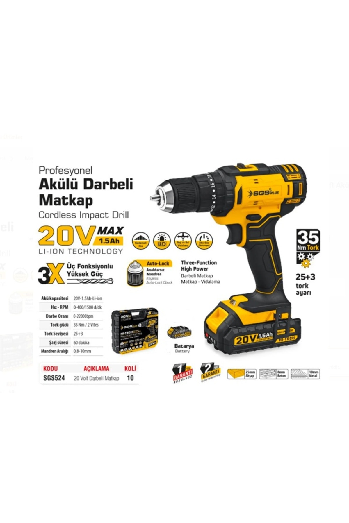 SGS Akülü Darbeli Matkap Seti TEK Akülü 20 Volt -1.5 Amper  5245