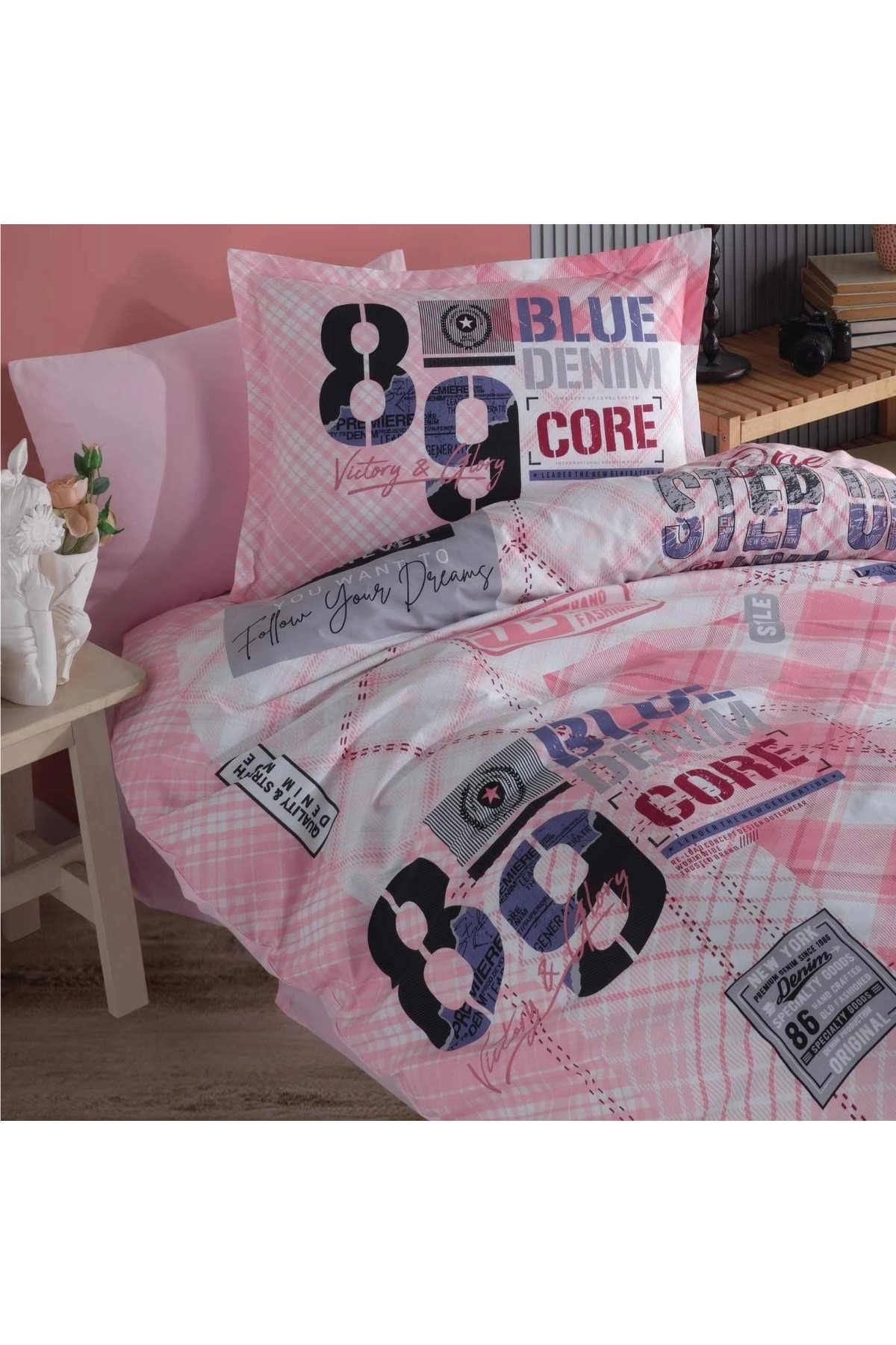 Genç Ranforce Tek Kişilik Nevresim Takımı Denim V1 Pembe