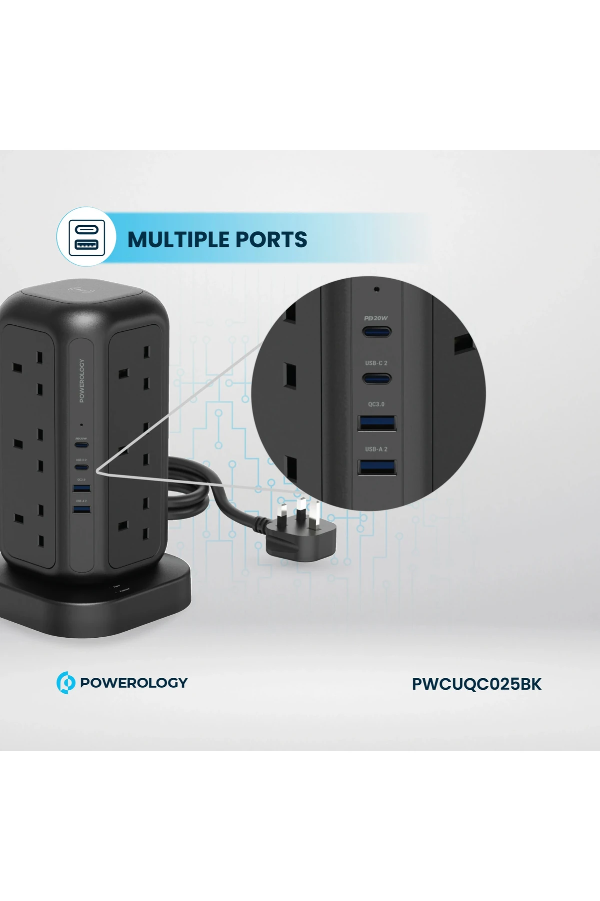 12 Prizli GaN Kule Tipi Çoklu Priz USB ve Kablosuz Şarj