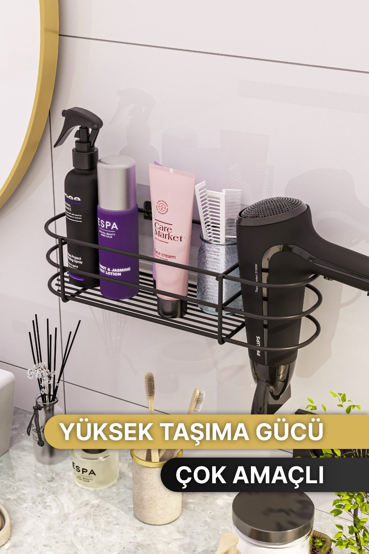 Banyo Aksesuarları Banyo Düzenleyici Yapışkanlı Saç Kurutma Makinesi Fön Makinesi Organizer Raf