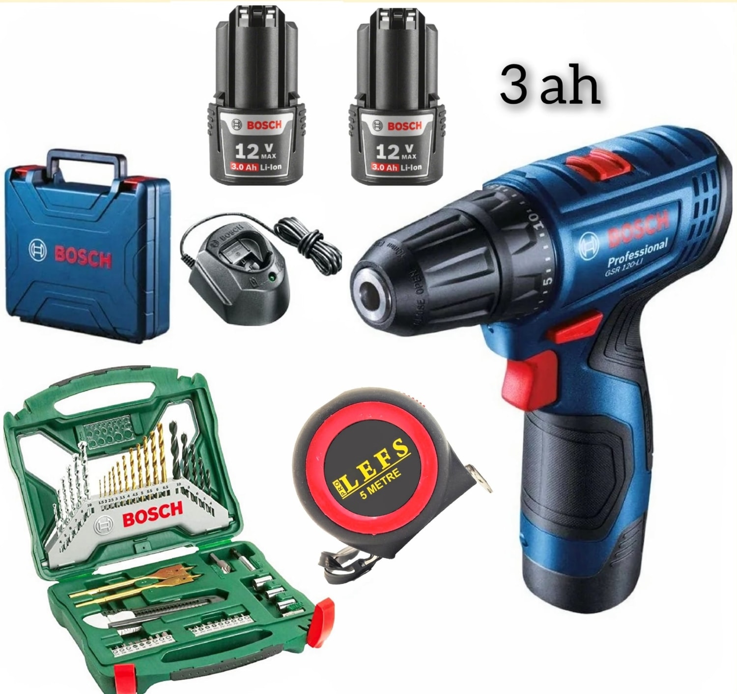 BOSCH Gsb 120 Li Darbeli Vidalama (3 Ah Çift Bataryalı) ve  50 Parça Uç Seti