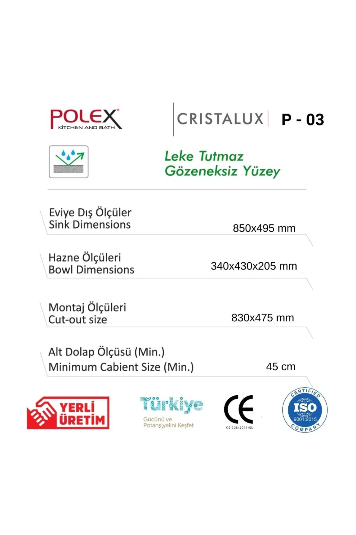 Cristalüx Granit Evye P03 Toprak Tezgah Altı Ve Tezgah Üstü Mutfak Evyesi 85x49,5cm