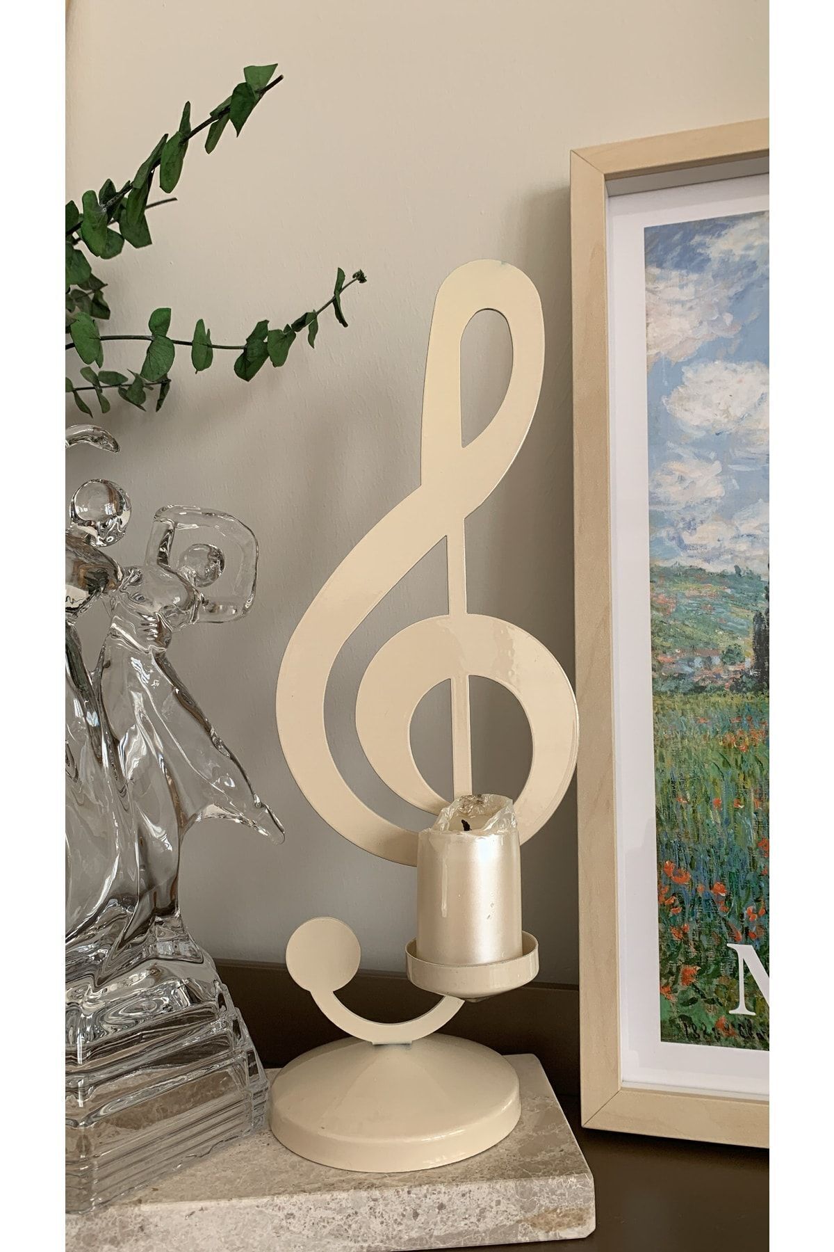 Metal Masaüstü Sol Anahtarı Mumluk 35 cm (Krem renk)