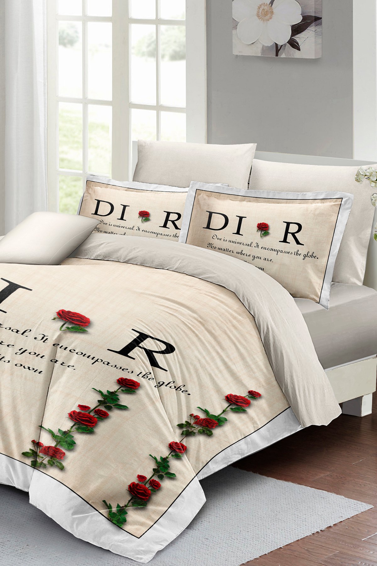 Kıng Sıze Nevresim Takımı %100 Doğal Pamuk Çift Kişilik 3d Digital Poetry Roses 220x240cm