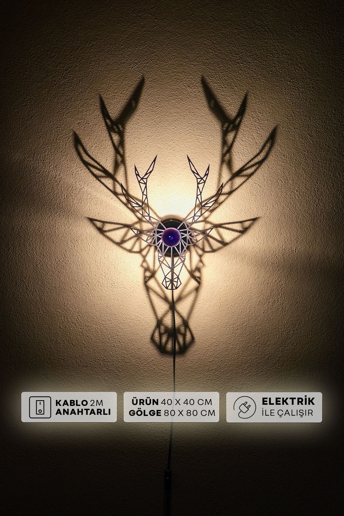 1 "Geometrik Geyik" 2m Anahtarlı Dekoratif Desenli Gölge Aplik Modern E27 Ahşap Siyah TR