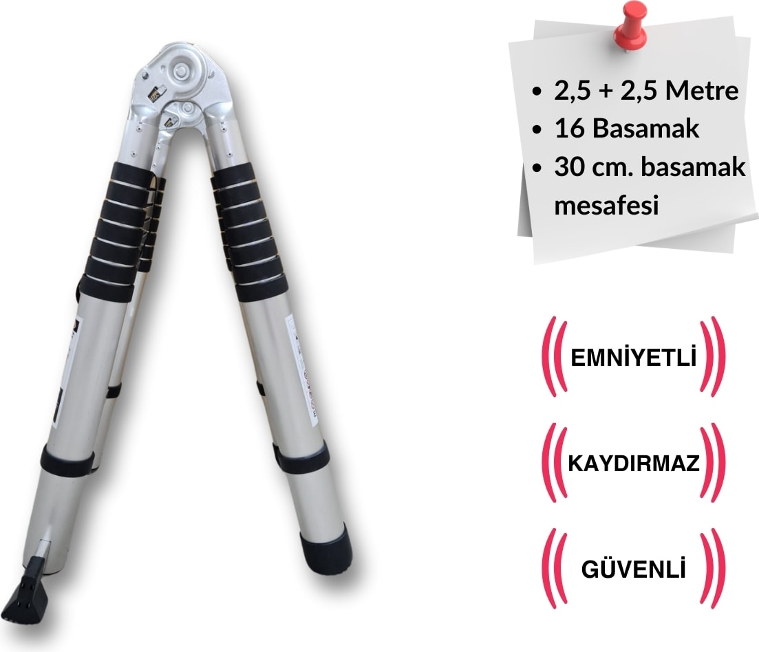 250 + 250 cm. - 8+8 Basamaklı Teleskobik / Teleskopik Merdiven - A Tipi Uzayan Merdiven