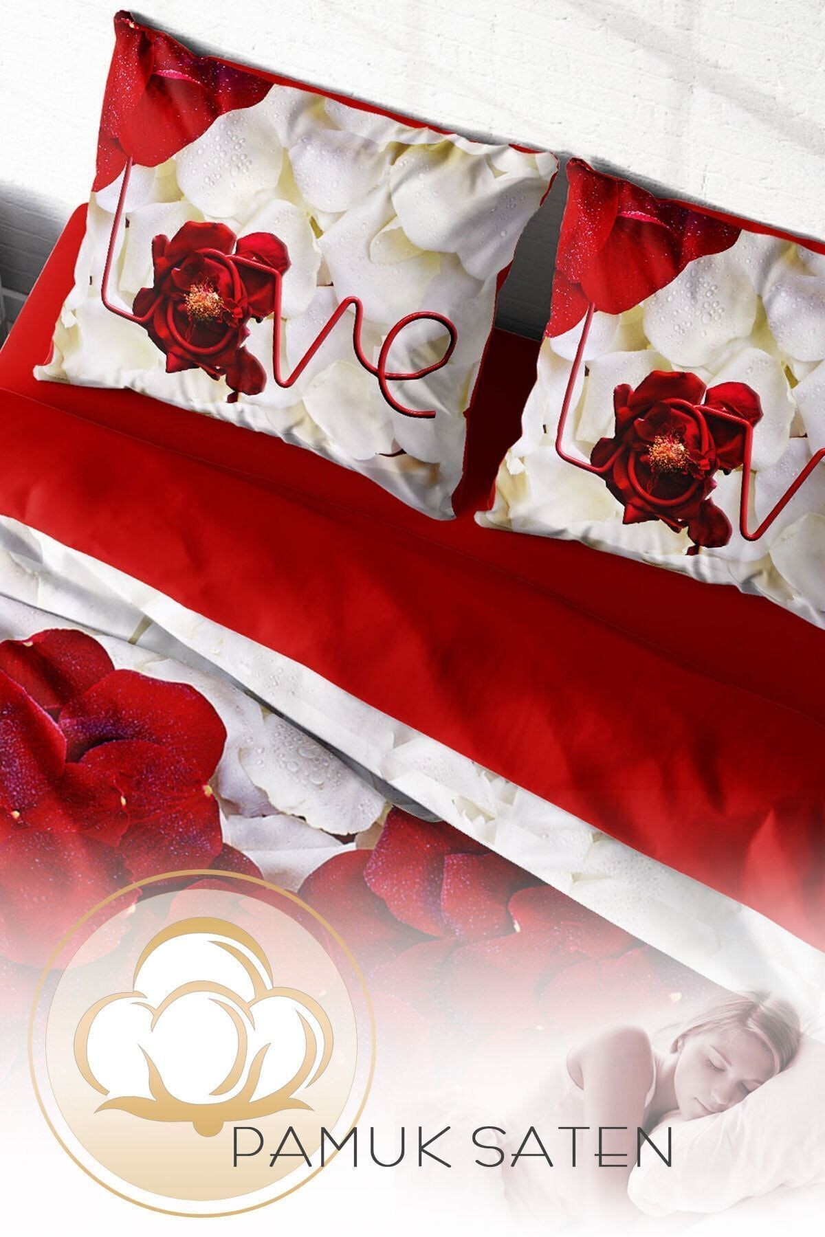 Sevgilier Günü Çift Kişilik Nevresim Takımı 3d Pamuk Saten Heart Rose