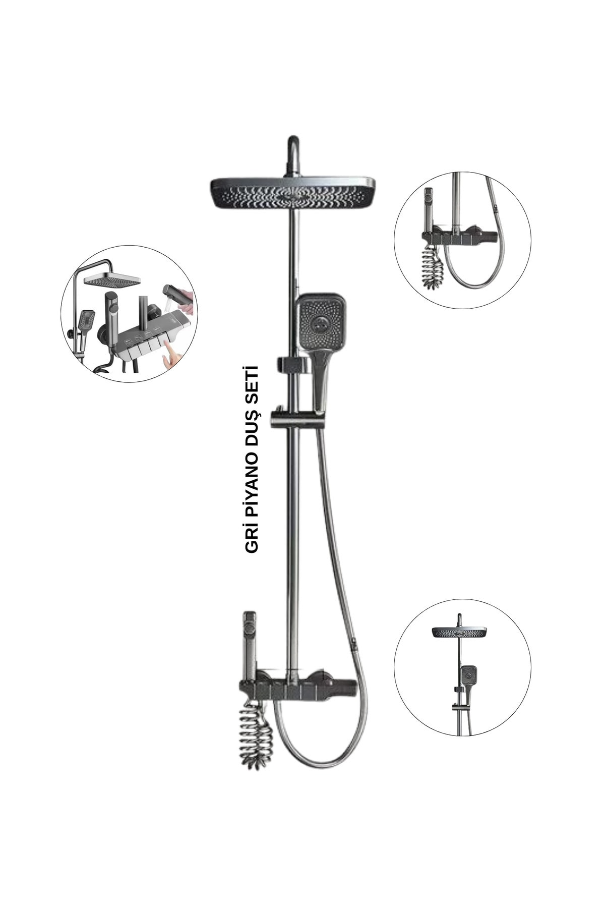 Lüks Piyano Duş Seti | Antrasit Gri Modern Tasarım, Spiral El Duşu Tepe Duş Piyano Tuş Panel