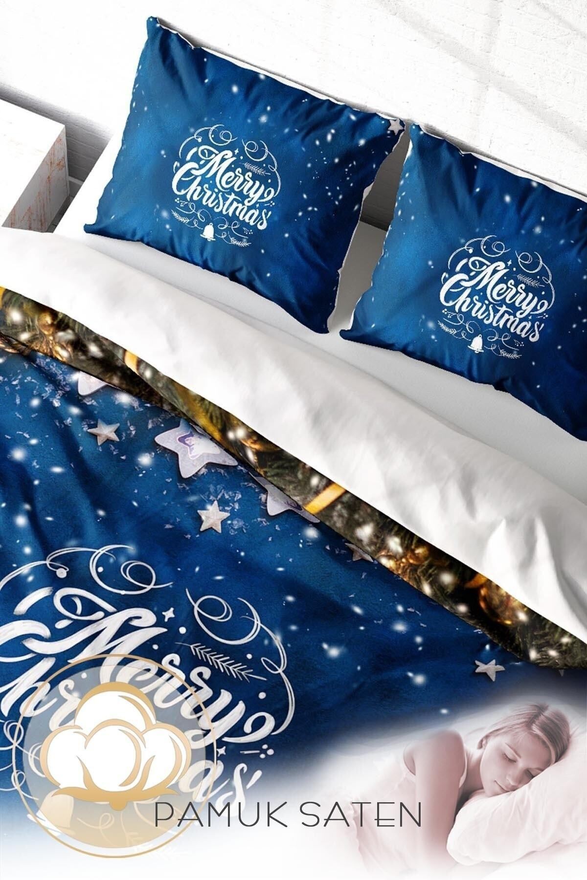 Yılbaşı Nevresim Takımı (Lastikli Çarşaflı) Çift Kişilik %100 Pamuk Saten Blue Stars