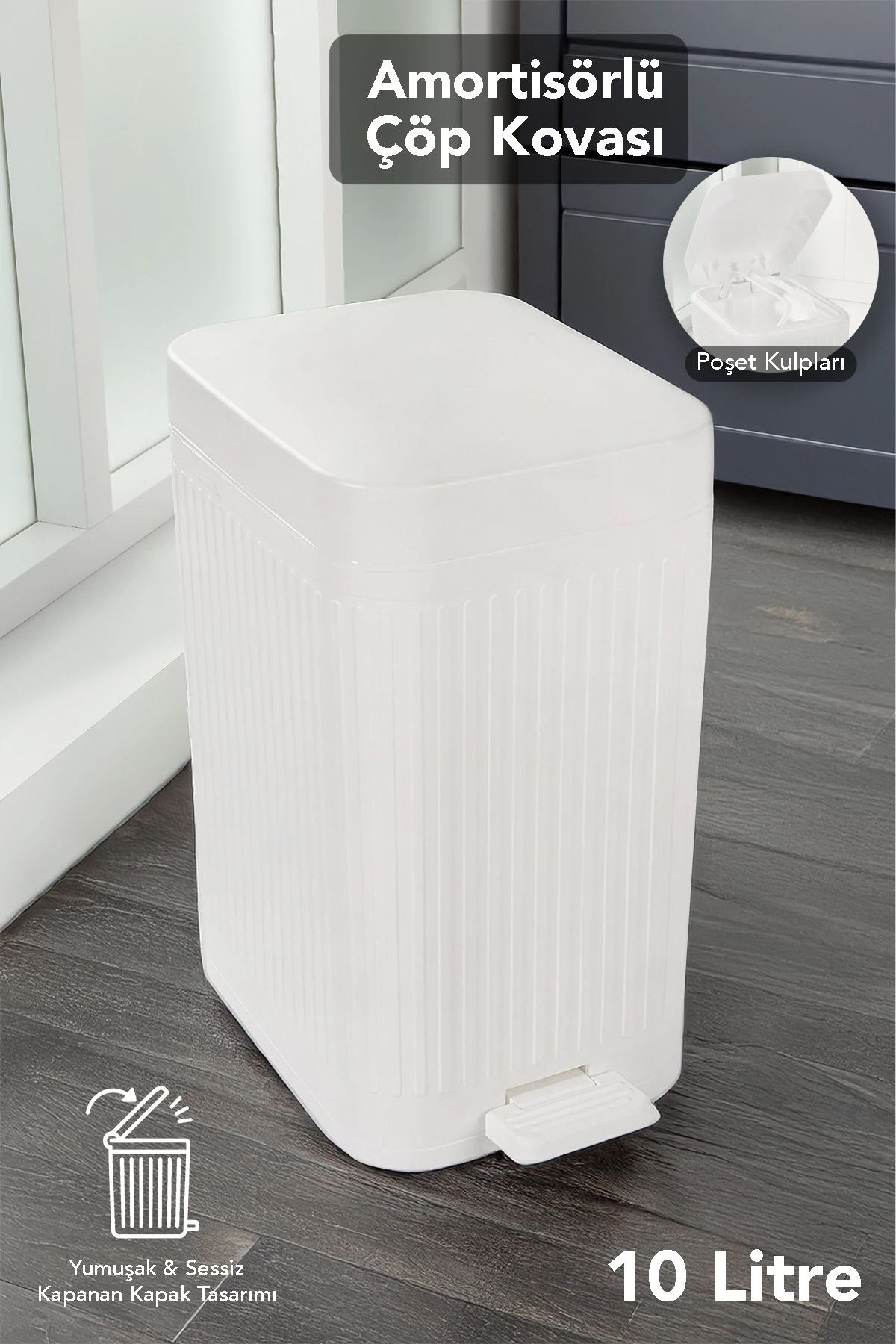 10 Lt Pedallı Sessiz Çöp Kovası - Yavaş Kapanır Amortisörlü Kapak Banyo Mutfak Çöp Kovası Beyaz