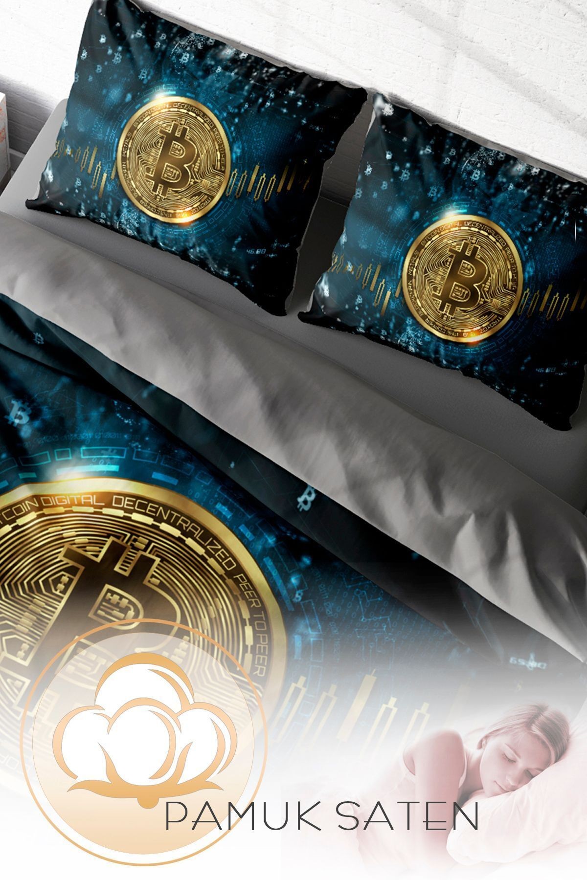 Bitcoin 3d Pamuk Saten Çift Kişilik Nevresim Takımı