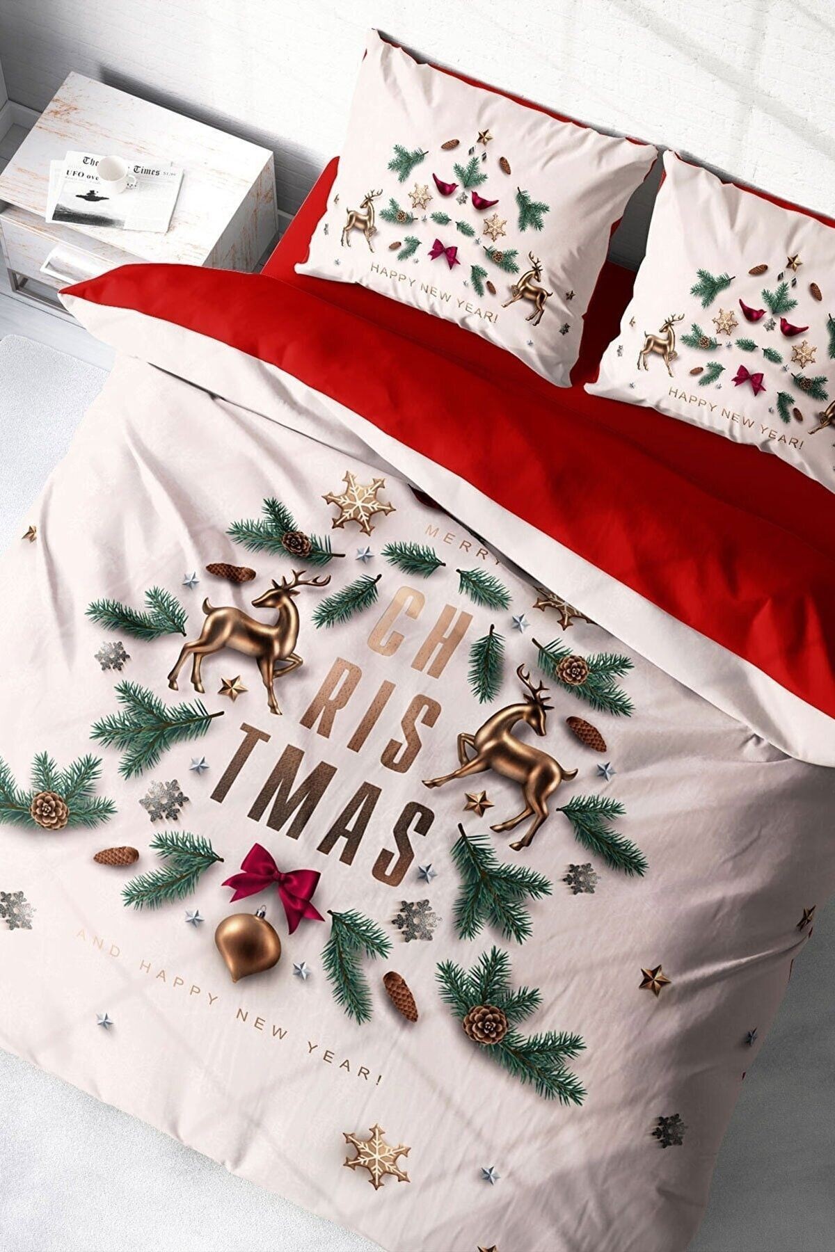 Yılbaşı Süsü White Noel %100 Pamuk Saten 3d Çift Kişilik Nevresim Takımı