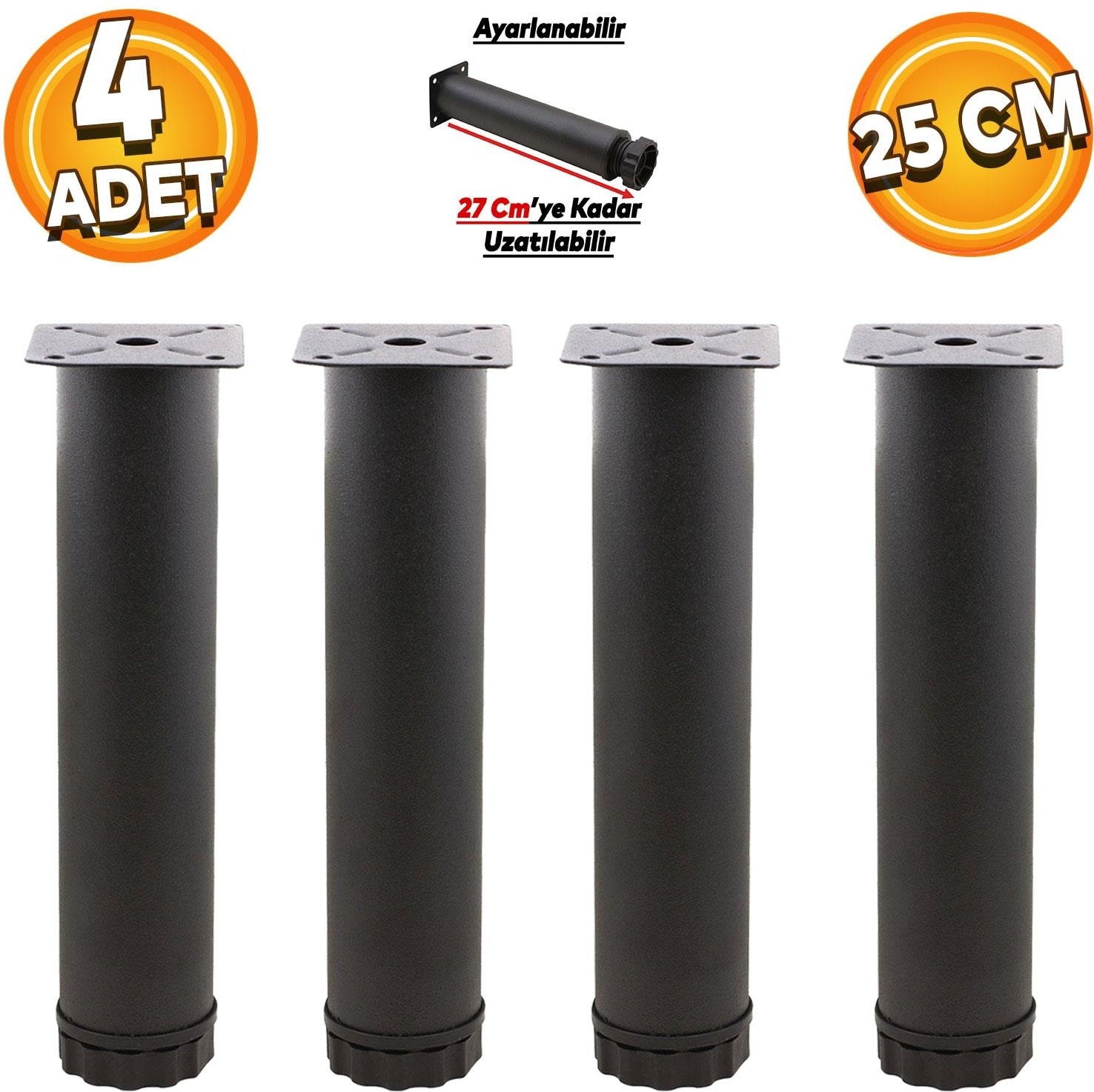 Ayarlanabilir Mobilya Kanepe Baza Koltuk Metal Destek Yükseltici Ayağı 25 Cm Siyah Ayakları (4 Adet)