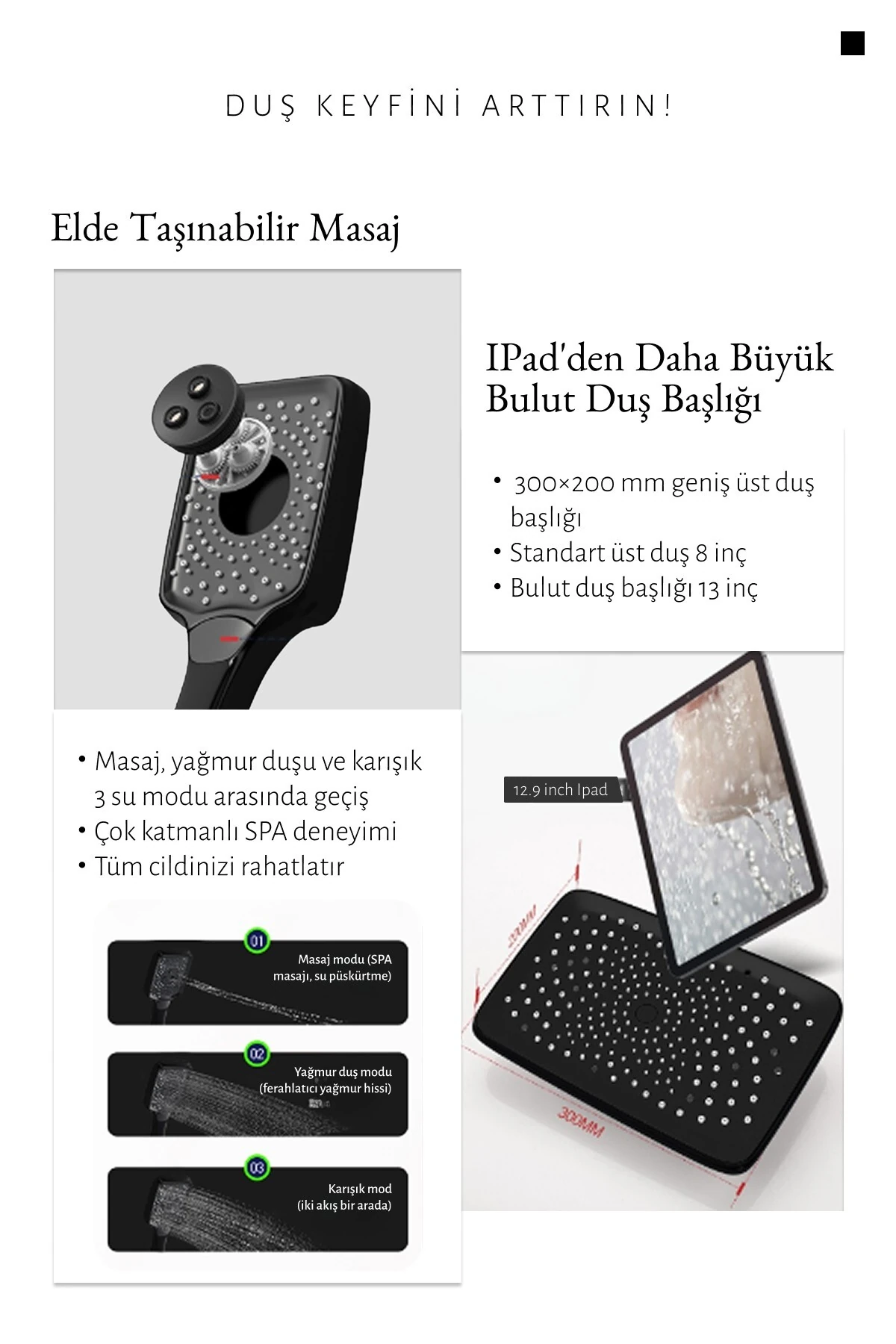 Premium Siyah Duş Sistemi Seti - 4 Fonksiyonlu Yağmur Duş Başlığı, Temperli Cam Raf, Masajlı El Duşu