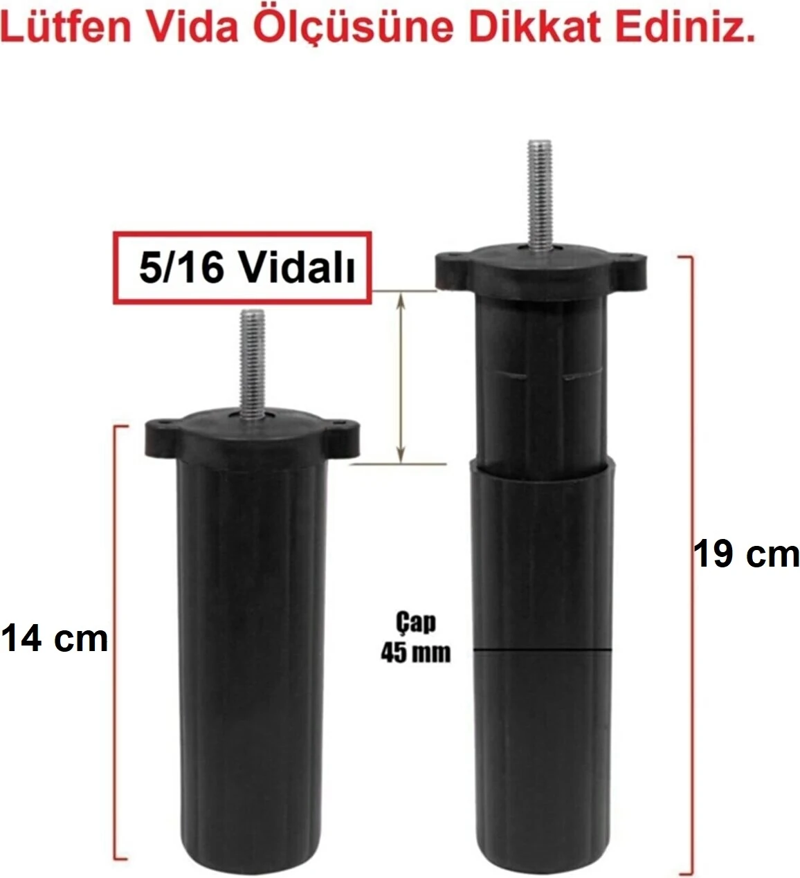 (Vida Ölçüsüne Dikkat) - Orta Plastik Mobilya Koltuk Kanepe Ayağı 6 Adet Siyah 14 - 19 cm 5/16 Vida