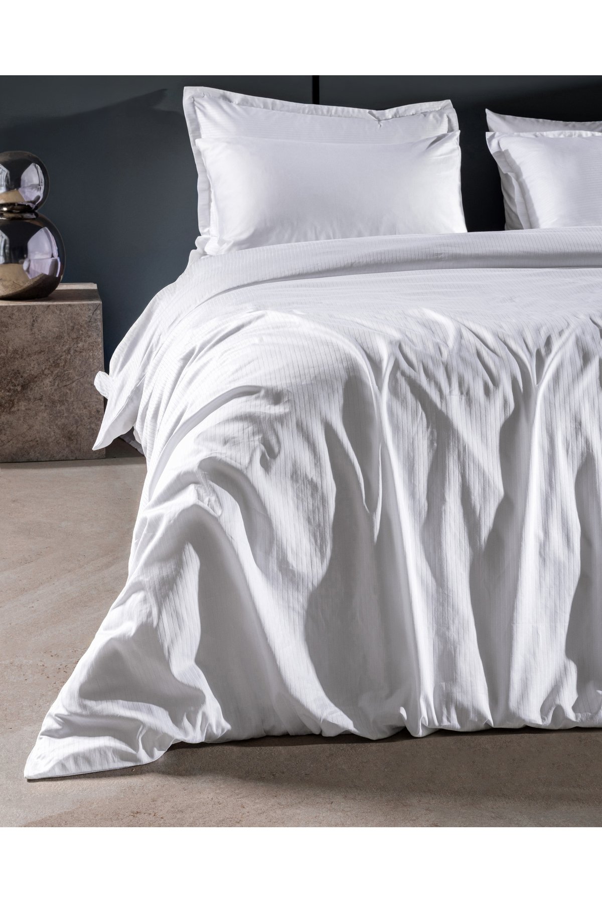 Thalie King Size %100 Pamuk Çizgili - 300TC Saten Nevresim Takımı - Beyaz