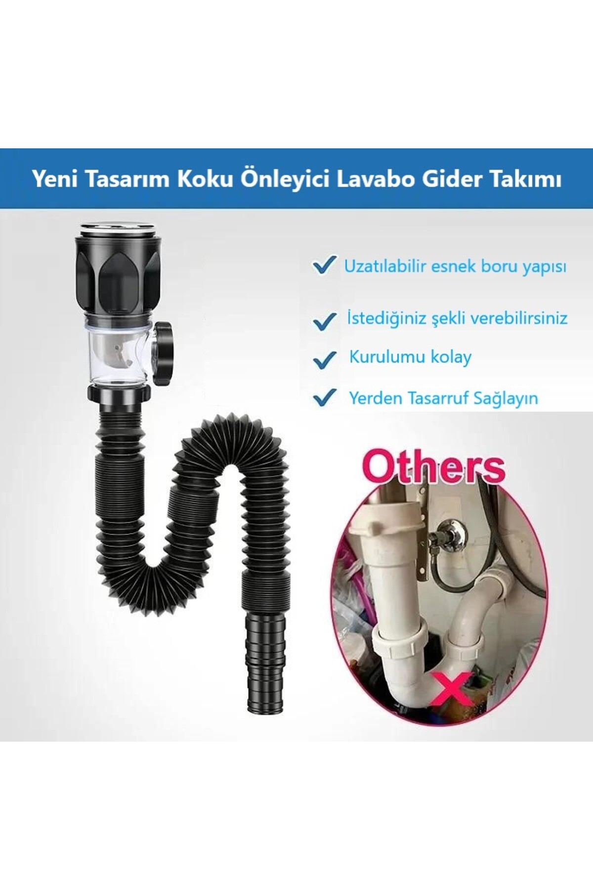 Koku Önleyici Yeni Nesil Körüklü Lavabo Sifonu Altı Hortumu Çift Yönlü Gider Borusu Evye Alt Takımı