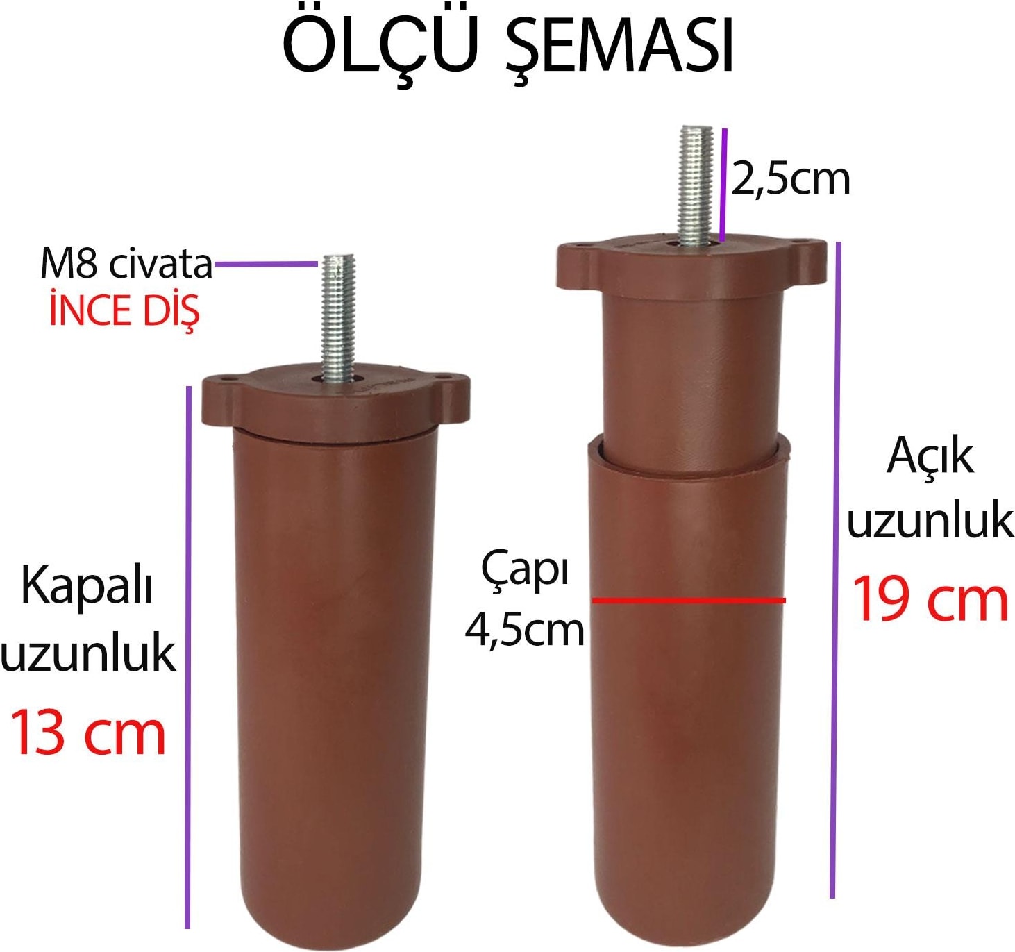 4 Adet Ayarlı Destek Ayağı 13 x 19 cm Kahverengi Gizli Ayak Mobilya Kanepe Baza Koltuk Dolap Tv Ünitesi