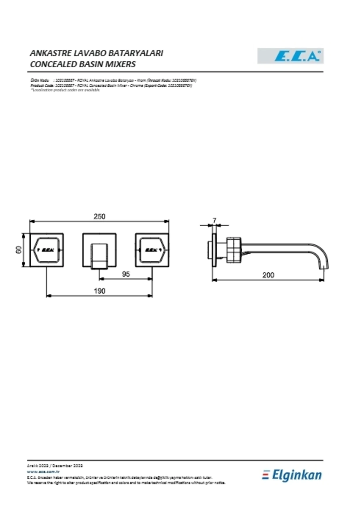 Royal Ankastre Lavabo Bataryası Duvardan 3 Delikli L Çıkış Uçlu