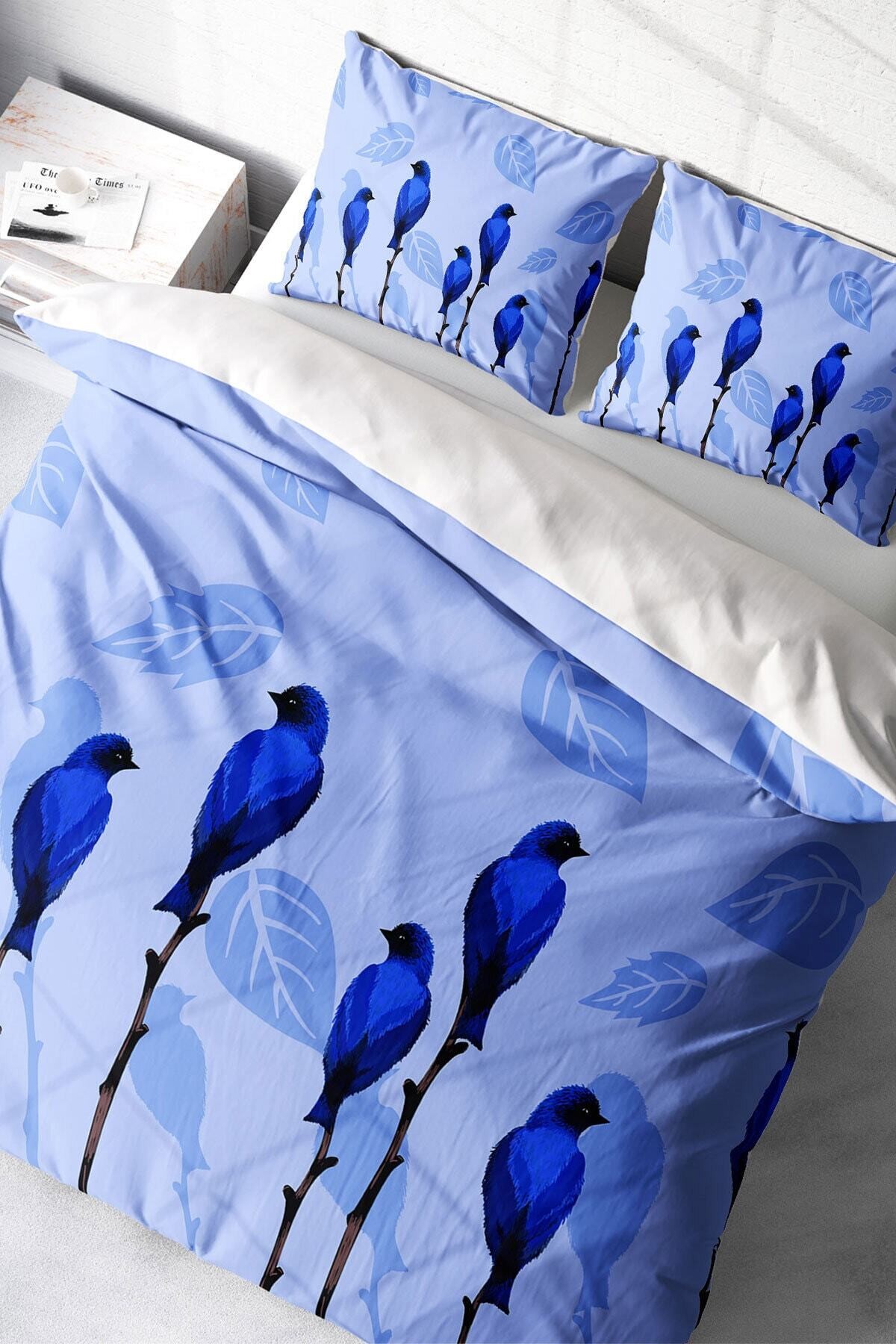 Kıng Sıze Blue Birds Naturel Çift Kişilik Nevresim Takımı 220x240cm