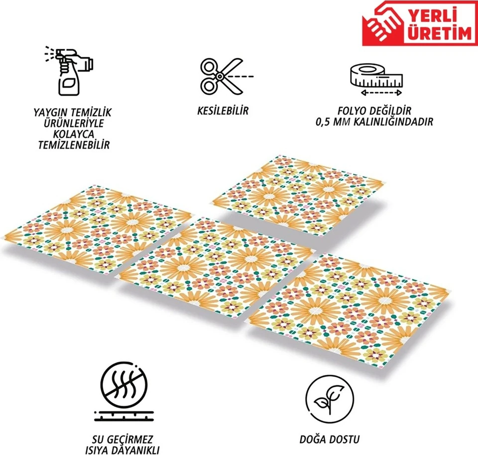 Kendinden Yapışkanlı Turuncu Çiçek Bahçesi Desenli Pvc Karo 30X30 cm (33 Adet) 3m2