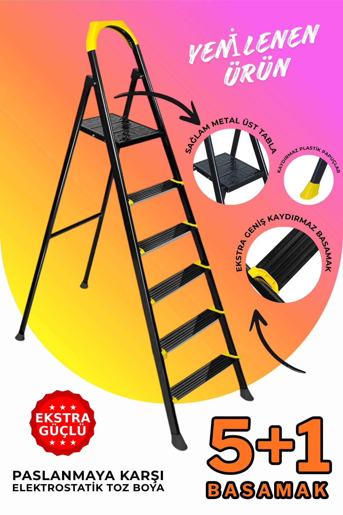 Ze Hardy 5+1 Basamaklı Özel Tasarım Hafif Merdiven (Kaymaz Papuçlu) Dayanıklı Paslanmaz