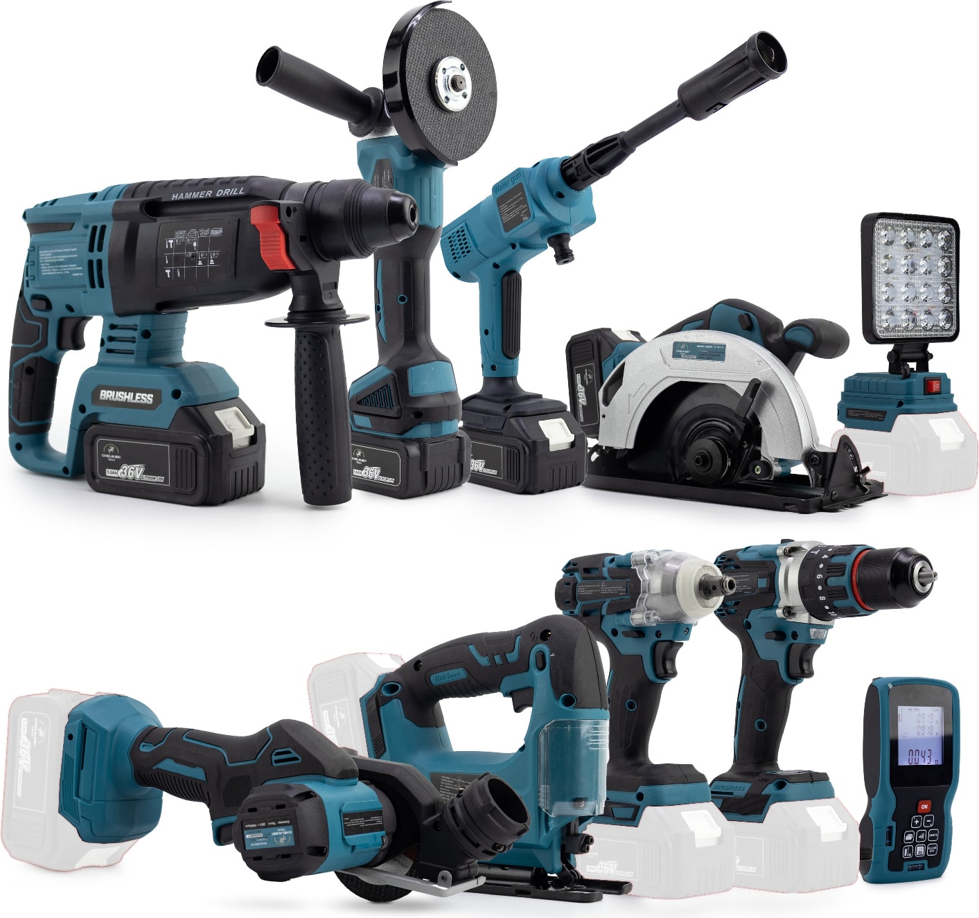 Onlu Set (Led Işık + Kırıcı Delici Matkap+Avuç Taşlama+Somun Sıkma+Vidalama+Sunta Kesme+Dekupaj+Lazer Metre+Oto Yıkama+Çok Fonksiyonlu Avuç Taşlama)