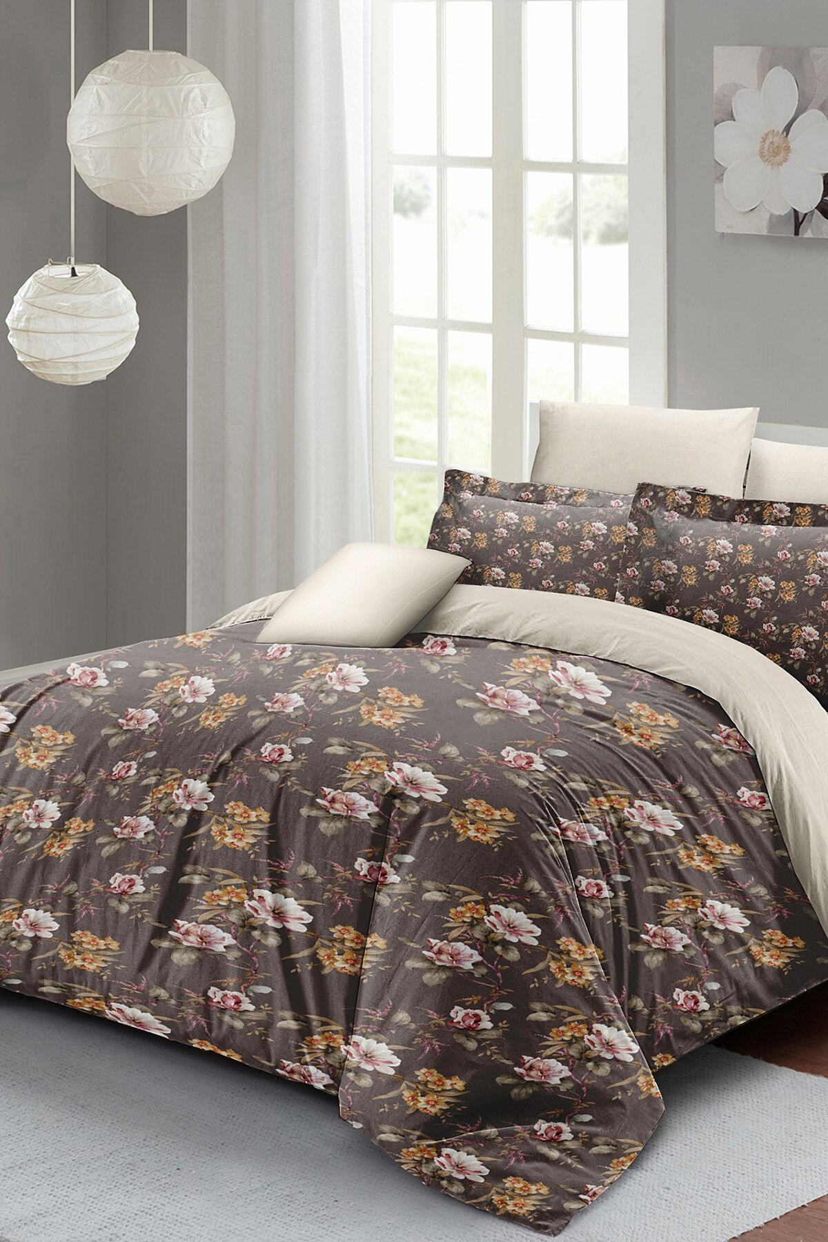 Kıng Sıze Retro Flowers Luxury Çift Kişilik Pamuk Saten Nevresim Takımı 220x240cm