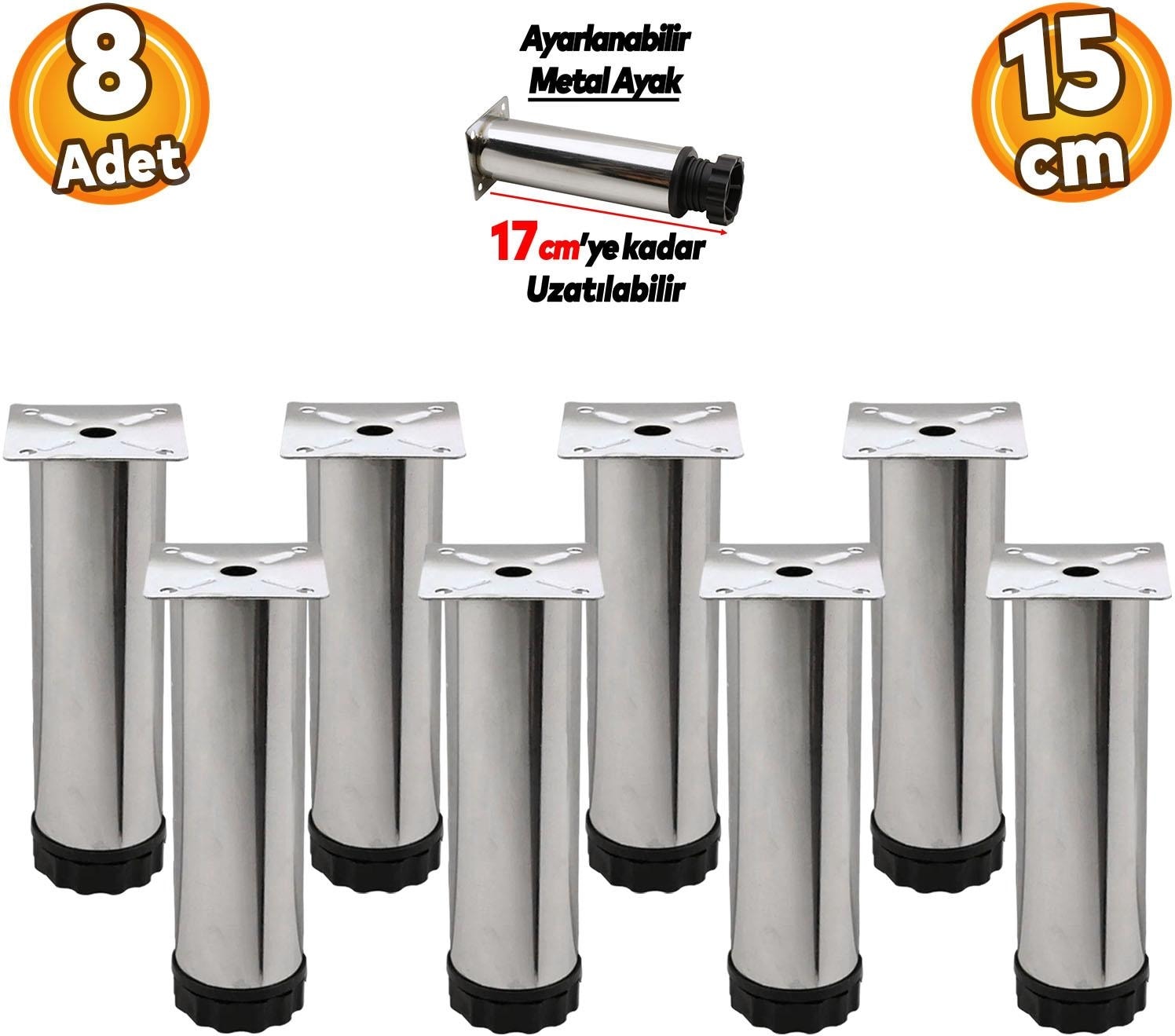 Ayarlanabilir Mobilya Kanepe Baza Koltuk Metal Destek Yükseltici Ayağı 15 cm Krom Ayakları (8 Adet)
